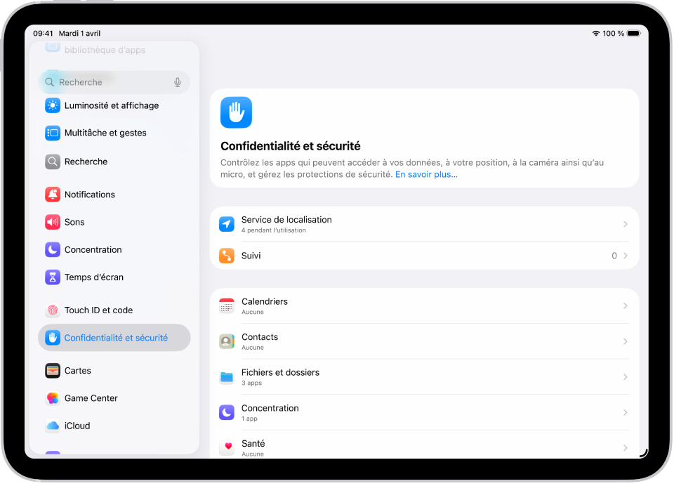 Un écran de Réglages affichant des options pour « Confidentialité et sécurité », comme « Service de localisation » et Suivi.