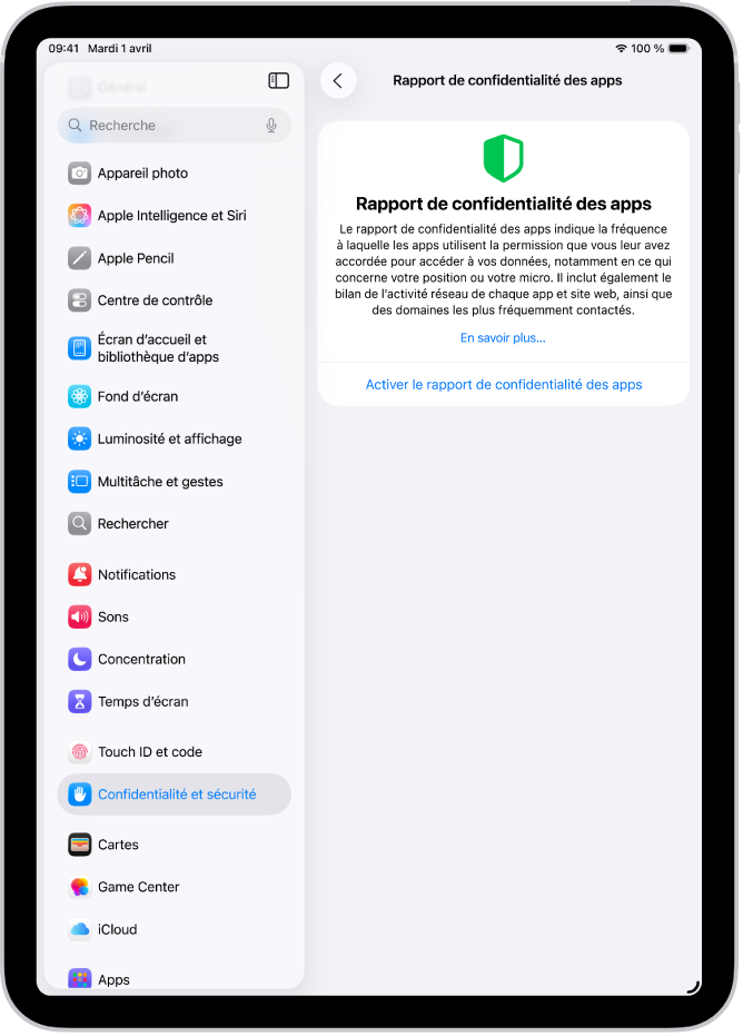 L’écran « Rapport de confidentialité des apps » sur lequel l’utilisateur peut activer un rapport indiquant la fréquence à laquelle les apps utilisent les autorisations qui leur ont été accordées, ainsi que leur activité réseau.