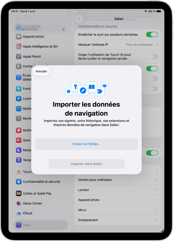 L’écran « Importer les données de navigation », affichant les données d’un autre navigateur à importer dans Safari.