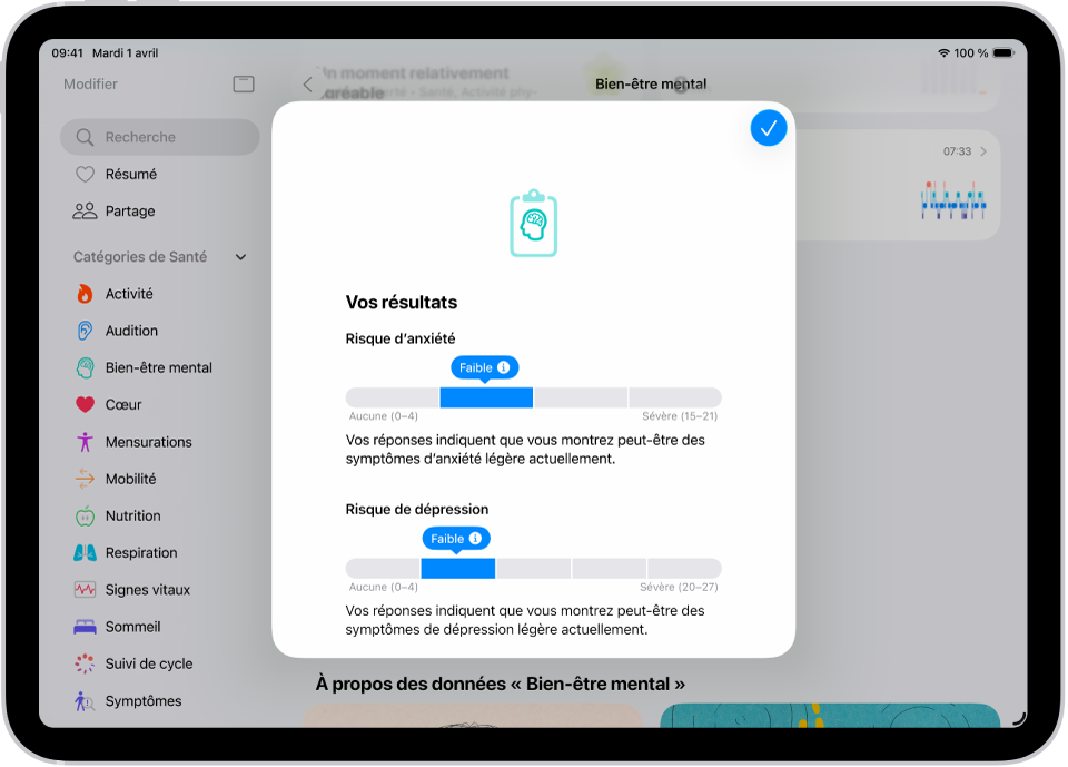 Écran dans l’app Santé affichant les résultats d’un questionnaire sur la santé mentale.