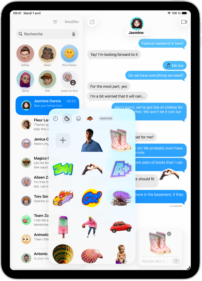 Les autocollants récemment utilisés dans Messages. Chaque bouton situé en haut de la fiche ouvre un paquet d’autocollants.
