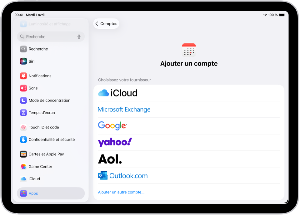 Les réglages liés à l’ajout d’un compte de calendrier, avec différents fournisseurs de calendrier.