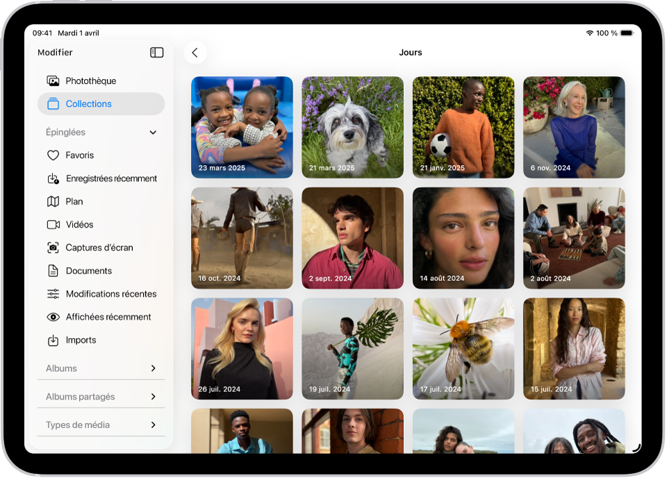 La présentation Jours est ouverte dans l’app Photos, avec des collections de photos de chaque jour disposées au sein d’une grille.