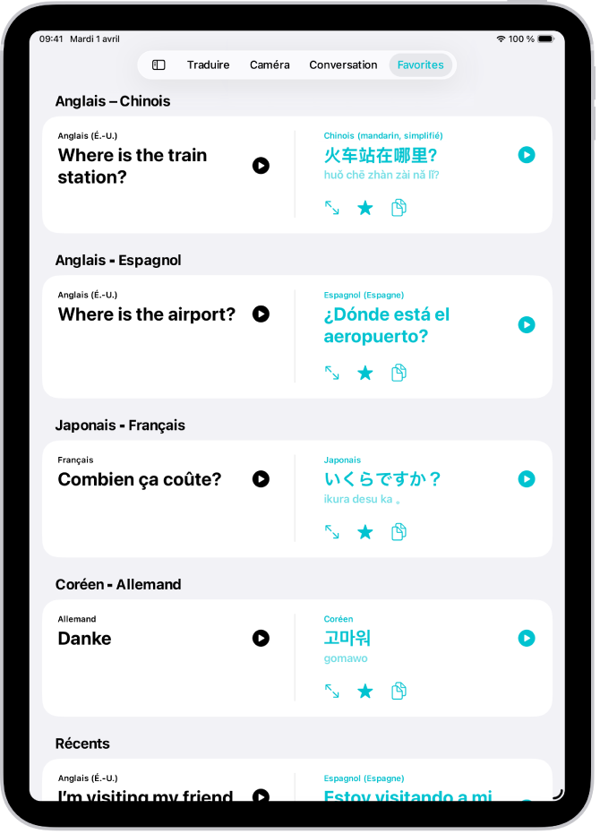 L’onglet Favorites, avec des expressions enregistrées qui sont traduites dans plusieurs langues.