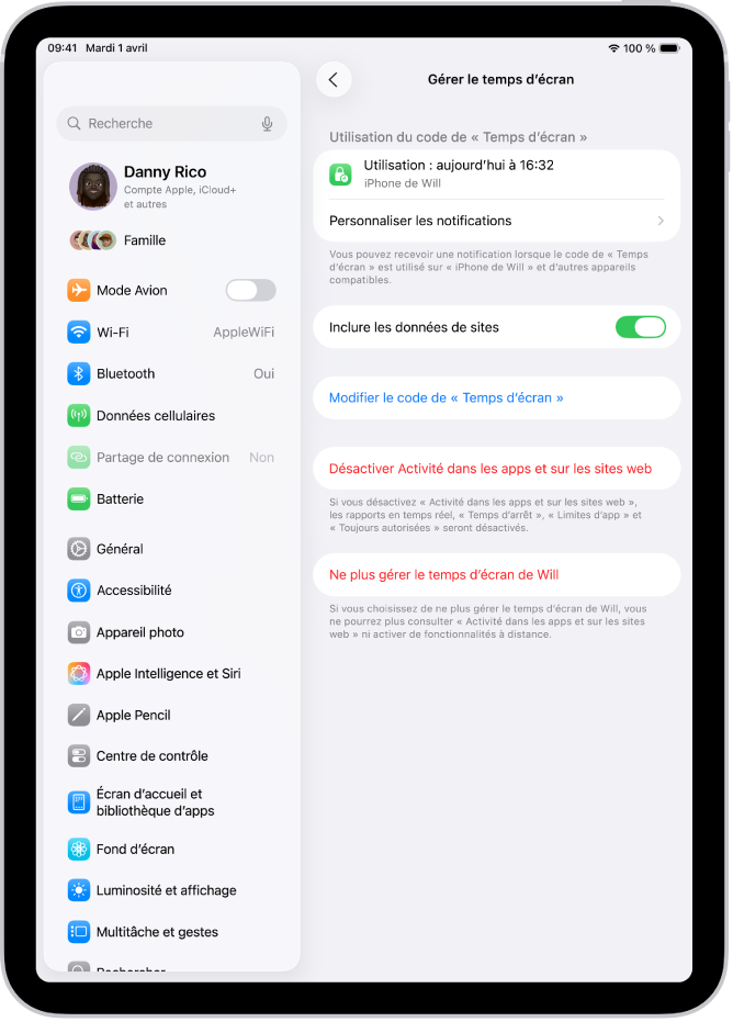 L’écran « Gérer le temps d’écran » pour un enfant d’une famille, avec l’heure à laquelle le code a été utilisé pour la dernière fois, ainsi que l’appareil concerné.