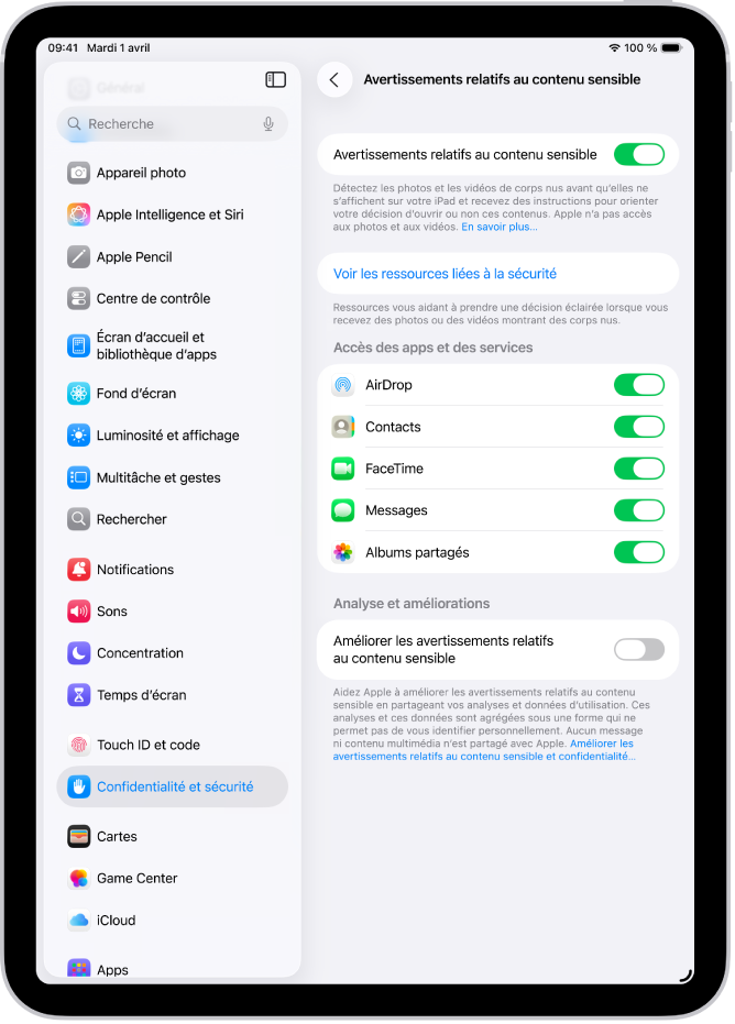 Les réglages pour Avertissement relatif au contenu sensible, avec un lien intitulé Voir les ressources liées à la sécurité et un bouton intitulé Améliorer les avertissements relatifs au contenu sensible pour partager des données d’analyse et d’utilisation avec Apple.