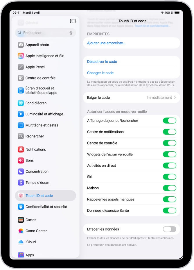 Réglages « Face ID et code », avec des options permettant d’accéder à des fonctionnalités spécifiques lorsque l’iPad est verrouillé.