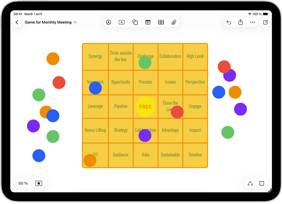 Un tableau sur un tableau Freeform, avec ses outils de mise en forme visibles et de petits points bleus sur ses bords permettant de modifier sa forme.