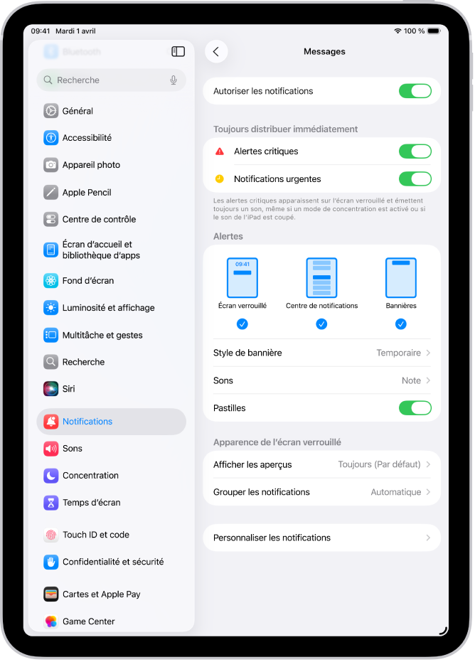 Les réglages des notifications de Messages dans Réglages.