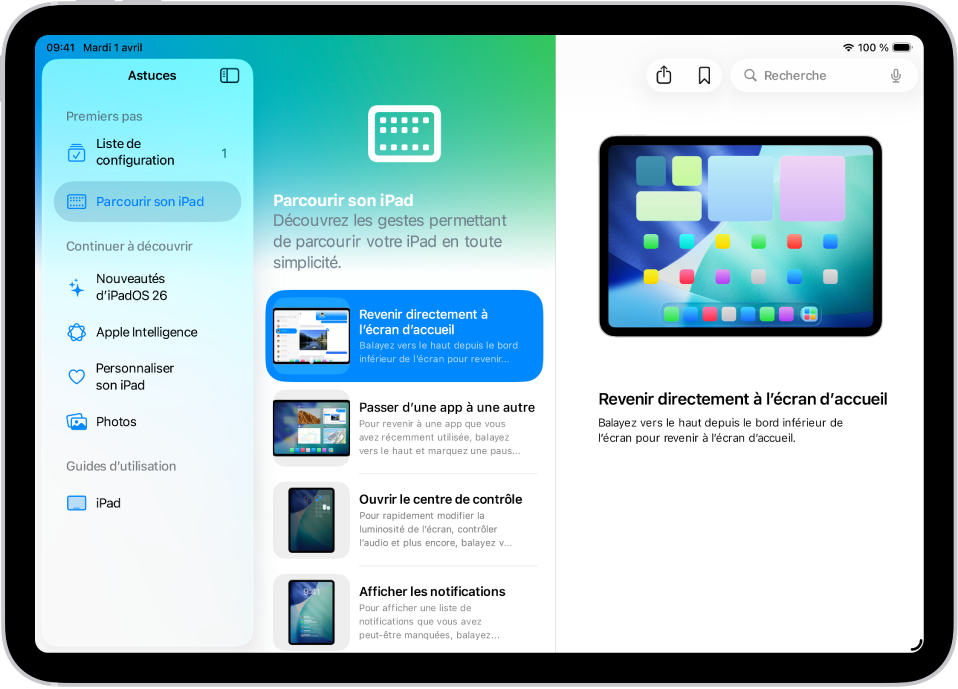 Un écran affichant une collection d’Astuces dans la barre latérale à gauche, et une astuce sélectionnée ouverte à droite.