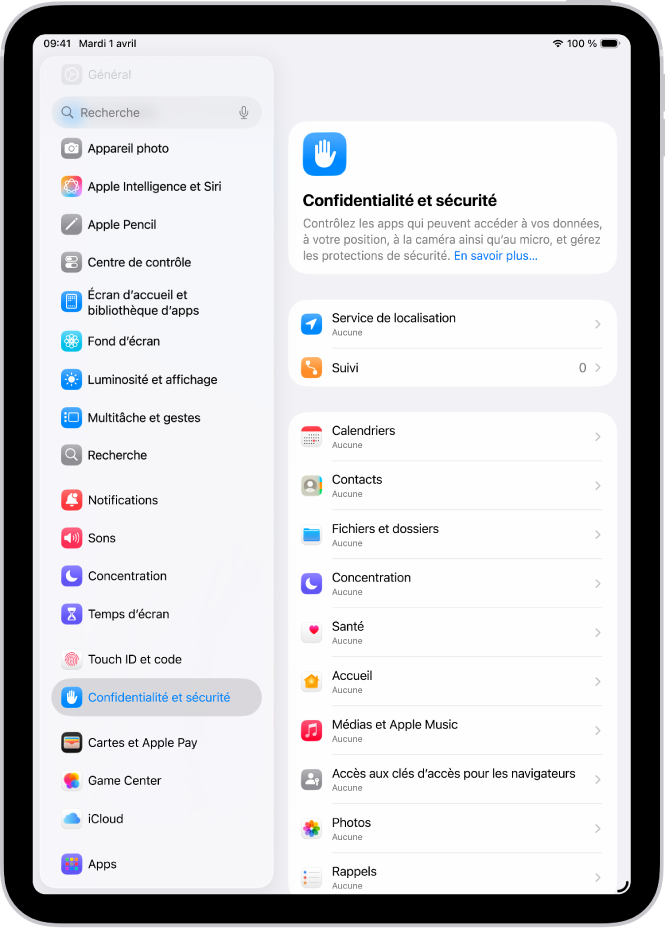 Réglages « Service de localisation » dans les réglages « Confidentialité et sécurité », avec des options permettant de partager l’emplacement de votre iPad, y compris des réglages personnalisés pour les apps individuelles.