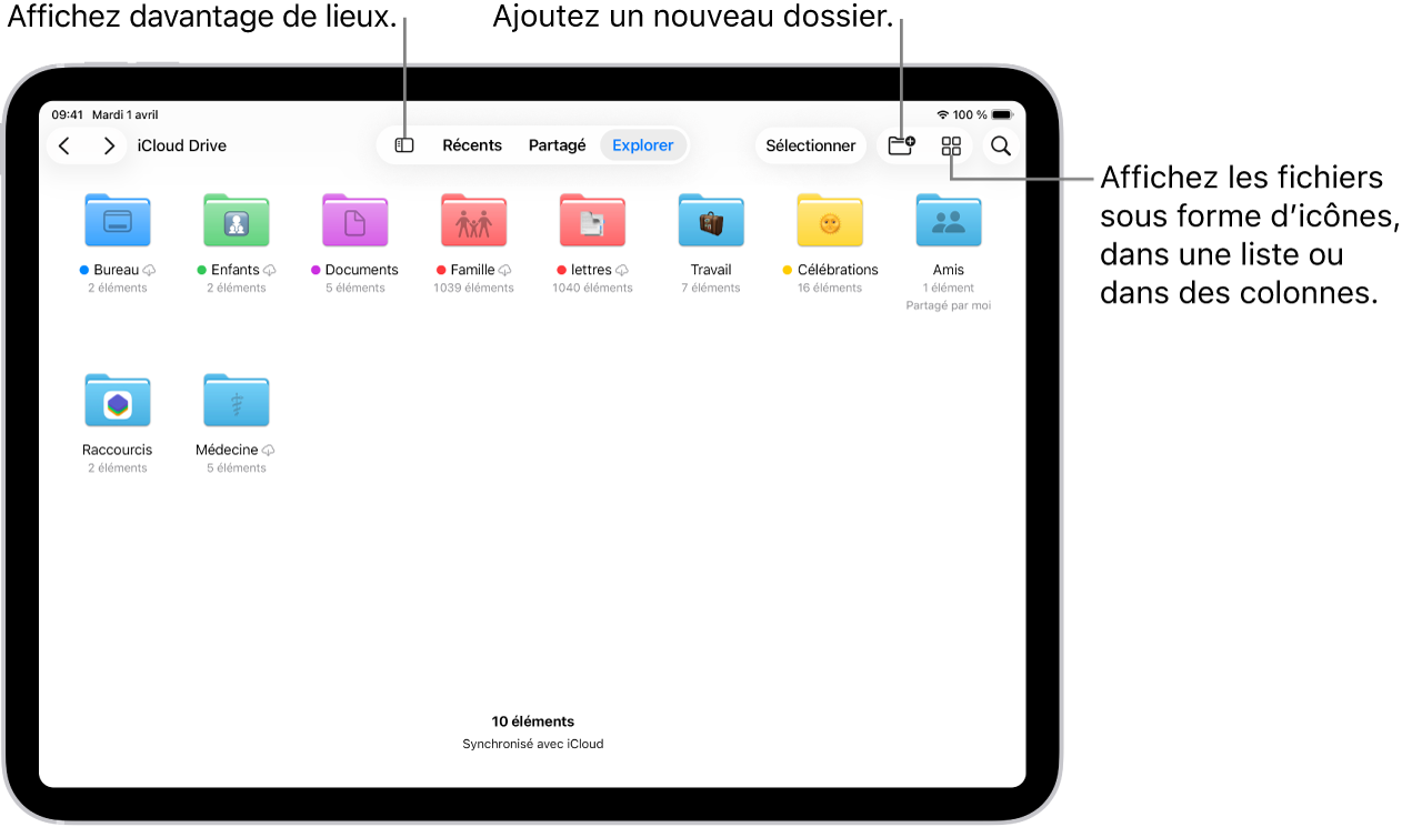 L’app Fichiers affichant plusieurs dossiers et emplacements nommés Téléchargements, Lettres, Famille, etc. En bas de l’écran se trouvent les boutons Fichiers récents, Fichiers partagés et l’onglet Parcourir.