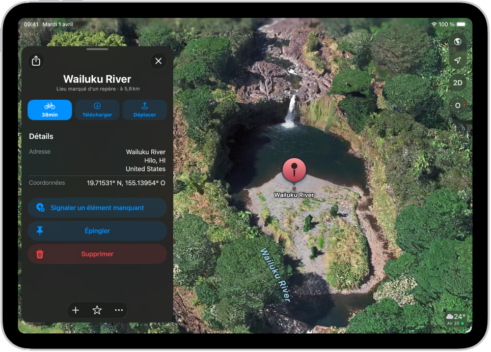 L’app Plans affichant un lieu marqué d’un repère dans le plan d’un parc. Des boutons permettant d’obtenir un itinéraire vers le repère, de télécharger un plan des environs ou de déplacer le repère apparaissent en haut à gauche.
