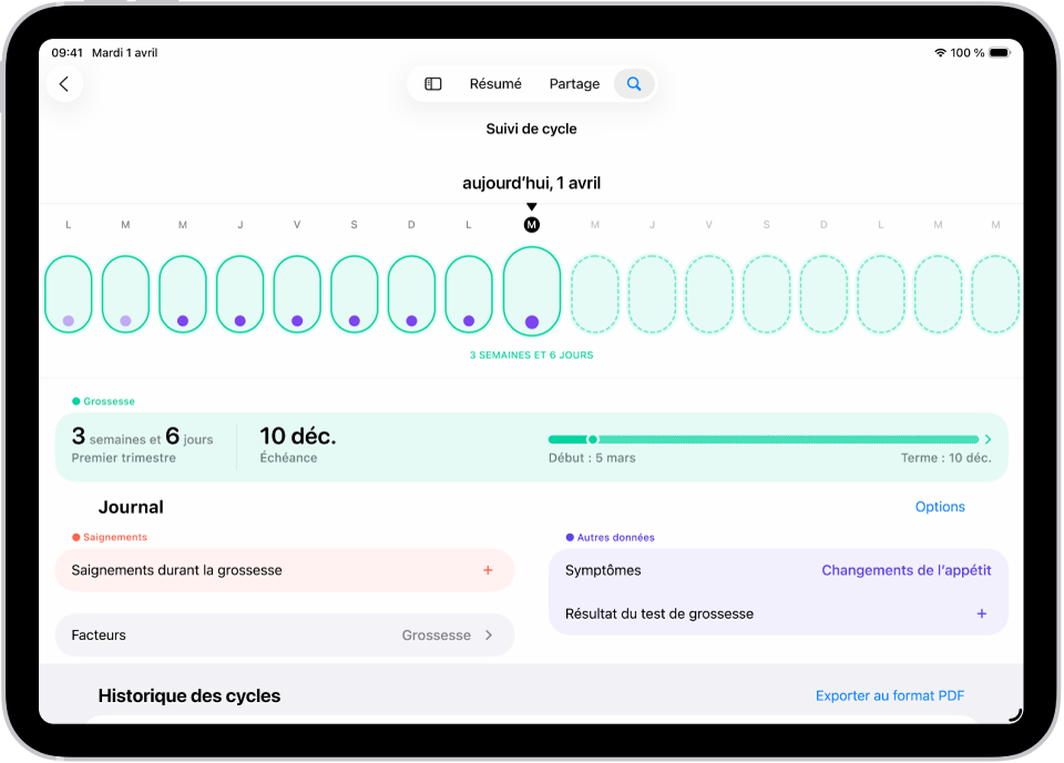 L’écran « Suivi de cycle » avec une chronologie d’une semaine de la grossesse en haut de l’écran. Des ovales vert clair et des points violets marquent les sept premiers jours sur la chronologie. Des ovales vert clair en pointillé marquent les autres jours de la chronologie. Sous la chronologie se trouve le résumé de la grossesse comprenant l’âge gestationnel, la date de début de grossesse et la date prévue de l’accouchement. Sous le résumé de la grossesse se trouvent des options pour ajouter des informations sur les saignements pendant la grossesse, les symptômes, et plus encore.