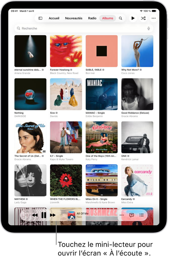 L’onglet Albums, avec le mini-lecteur en bas. Le mini-lecteur affiche le titre du morceau en cours de lecture.