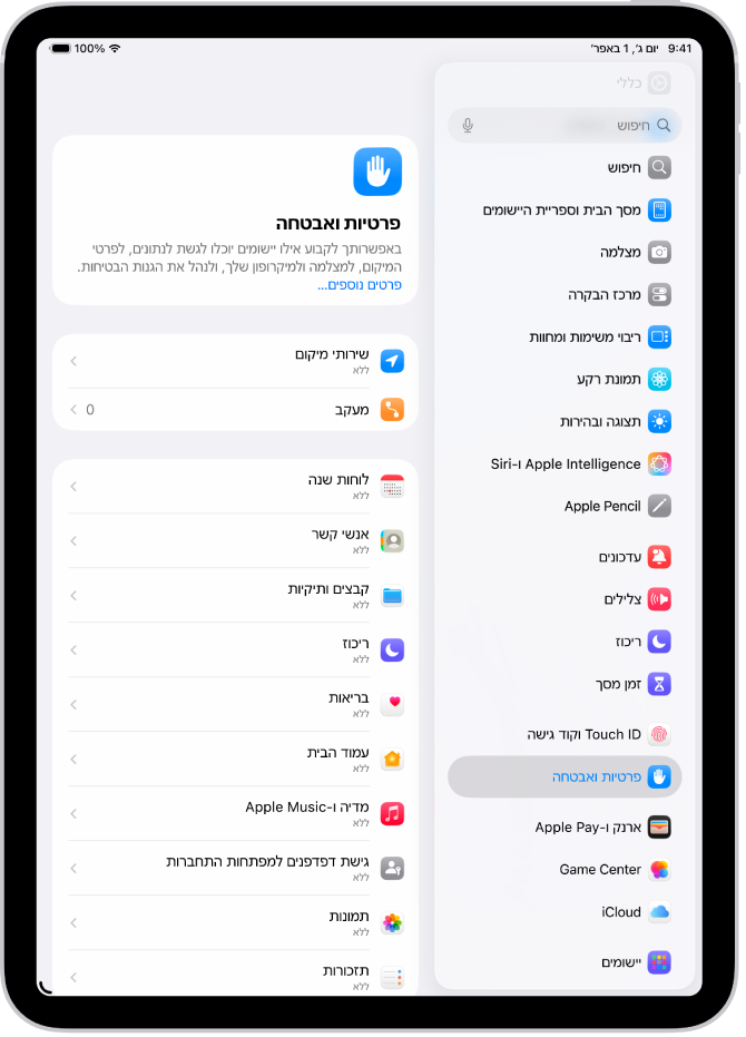 המסך ״שירותי מיקום״, תחת הגדרות ״פרטיות ואבטחה״, מציג הגדרות עבור שיתוף המיקום של ה-iPad, כולל הגדרות מותאמות אישית עבור יישומים פרטניים.