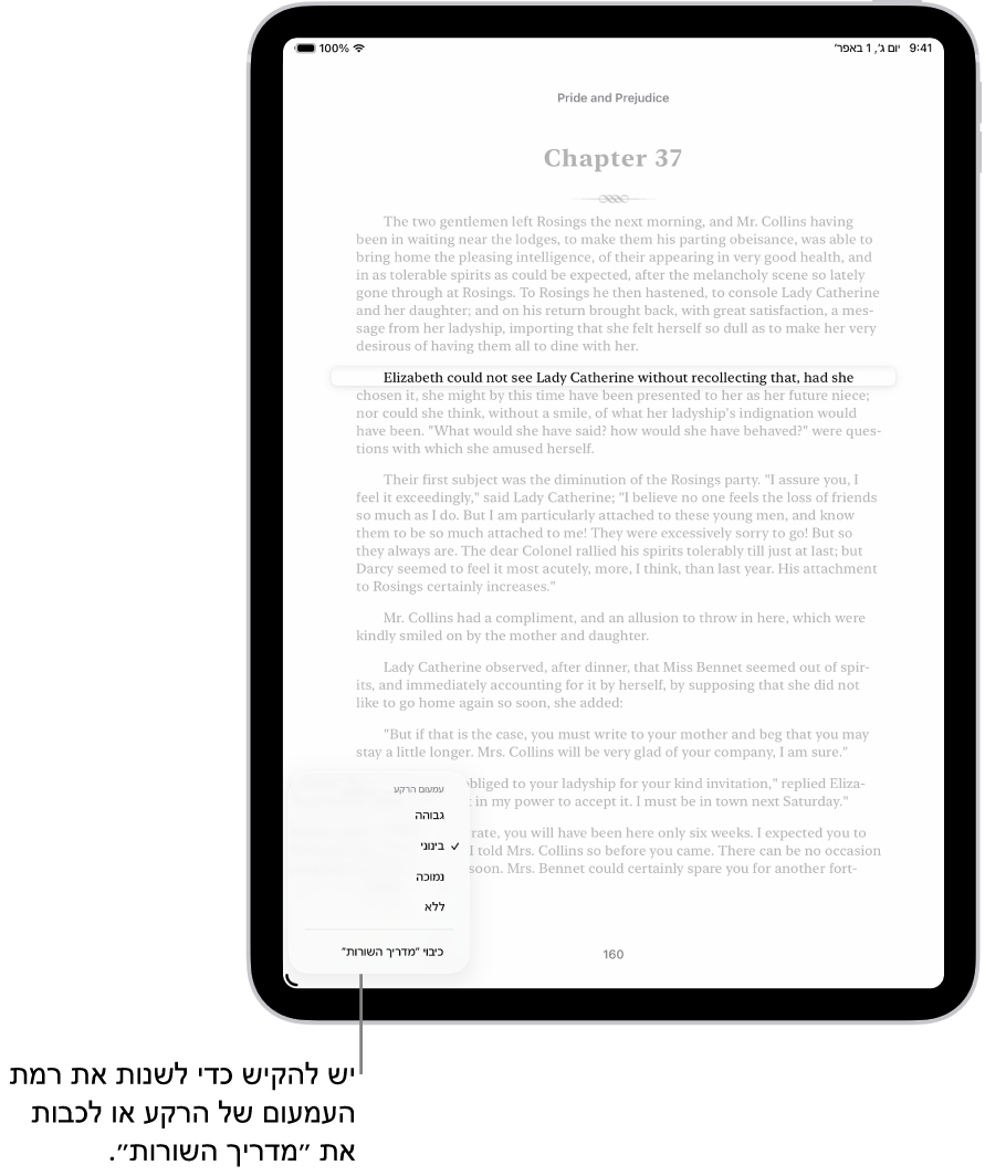 עמוד מתוך ספר בתוך היישום ״ספרים״. שורה יחידה של מלל מודגשת ושאר המלל נראה מעומעם. בפינה הימנית התחתונה של המסך מופיע הכפתור ״תפריט מדריך השורות״.