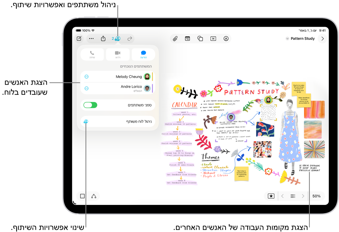 לוח Freeform משותף ב-iPad שבו התפריט ״שיתוף פעולה״ פתוח והמיקום של משתתים אחרים בלוח מסומן עם סימני אישור צבעוניים.