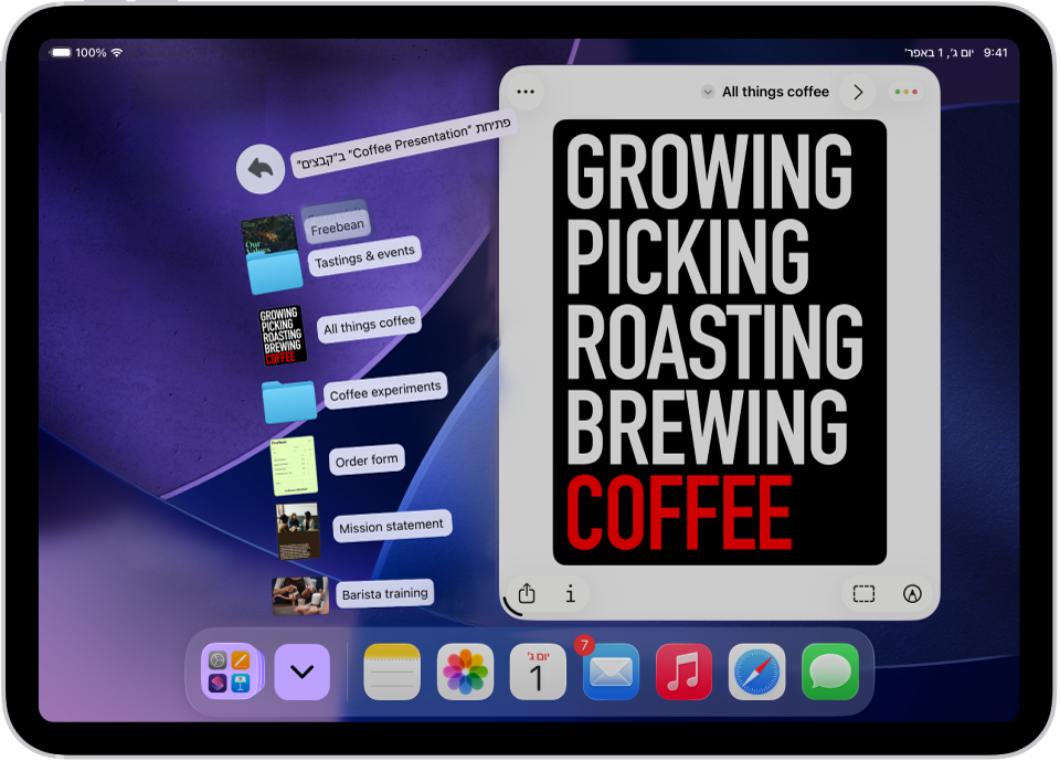 מסך הבית של ה-iPad ובו קבצים שניתן לפתוח דרך ה-Dock.