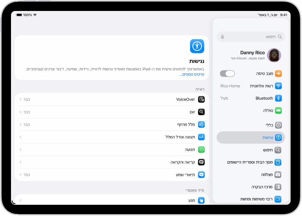 המסך ״הגדרות״ שמציג אפשרויות ״נגישות״ כגון VoiceOver, ״תיאורי שמע״ ו״בקרת מתגים״.
