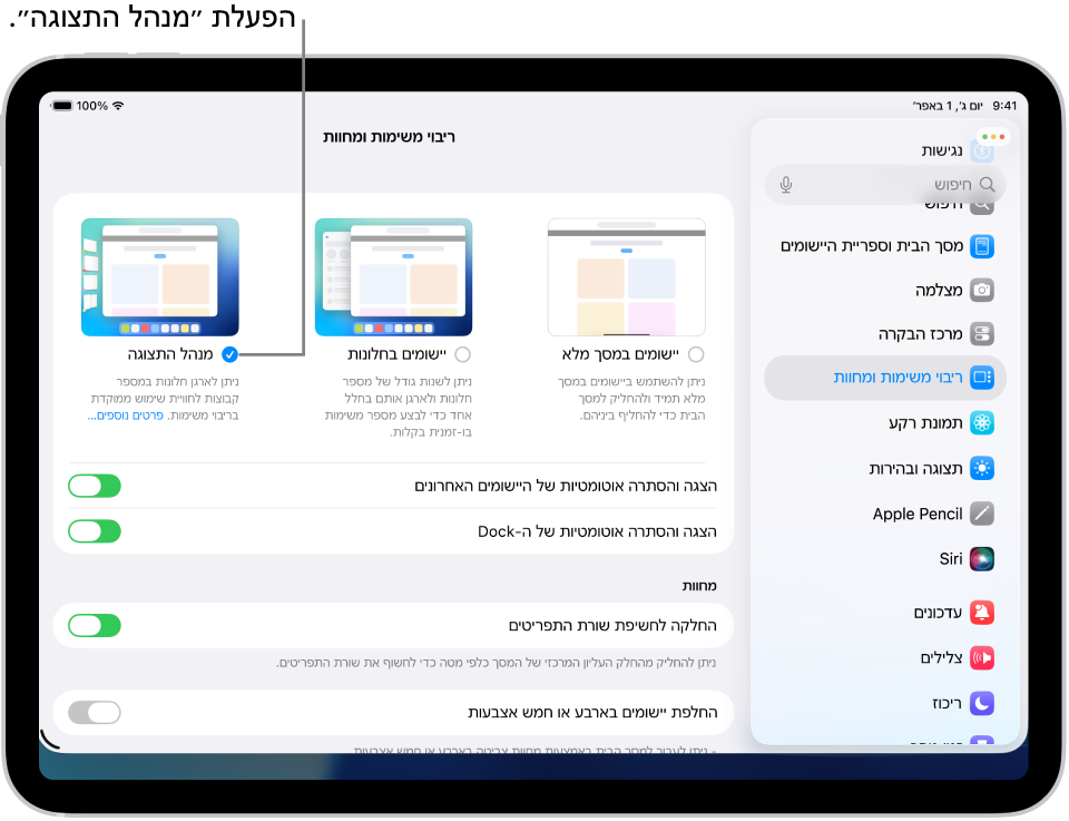 היישום ״הגדרות״ ב-iPad, שבו רואים את אפשרויות ״ריבוי משימות ומחוות״ שניתן לבחור כדי לעבוד במספר יישומים.