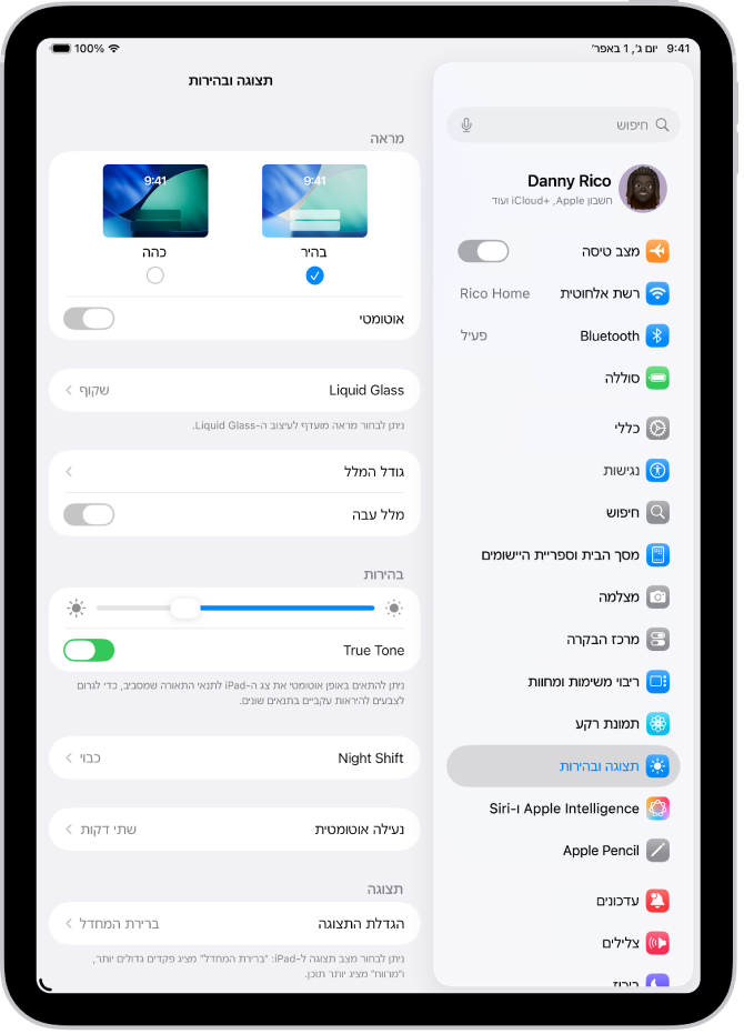 מסך ״תצוגה ובהירות״ ב״הגדרות״.