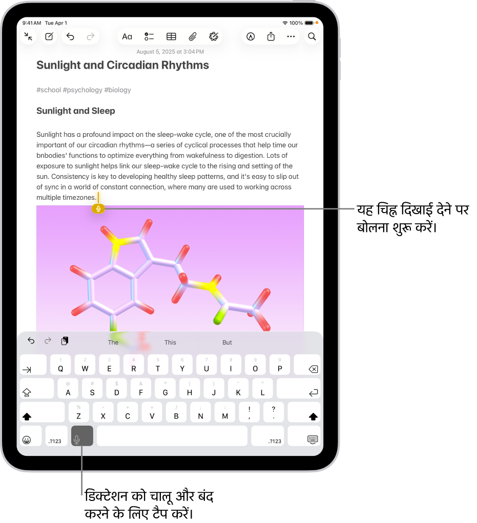 नोट्स ऐप में ऑनस्क्रीन कीबोर्ड खुला है। कीबोर्ड के नीचे मौजूद डिक्टेशन बटन चयनित है और डिक्टेशन बटन टेक्स्ट फ़ील्ड में सम्मिलन बिंदु के नीचे प्रदर्शित होता है।