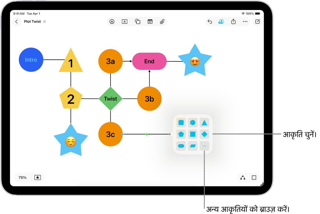 Freeform बोर्ड पर कोई डायग्राम जिसमें नई आकृति जोड़ी जा रही है।