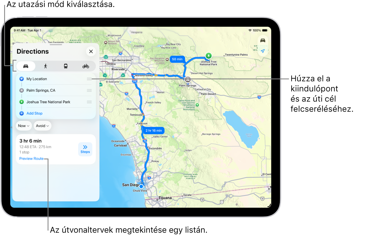 Egy térkép számos lehetséges autós útvonaltervvel a Saját helyzetem és egy úti cél között.