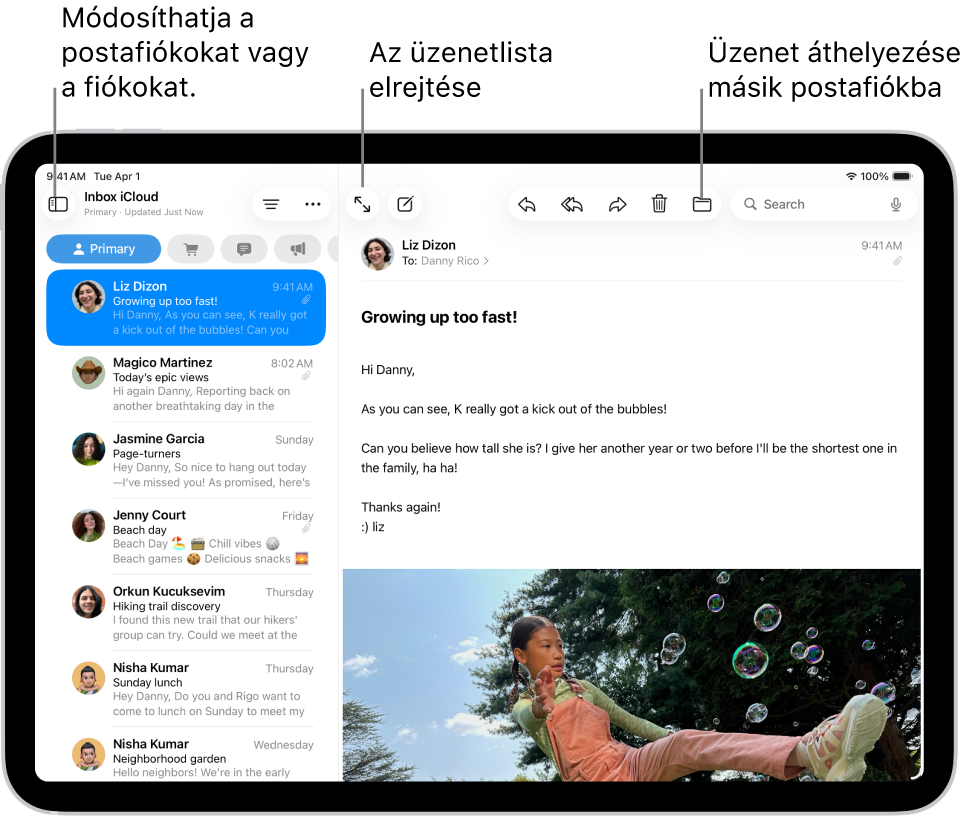 A Mail bejövő postafiókja, a bal oldalon az e-mailek listájával, a jobb oldalon pedig egy megnyitott e-maillel.