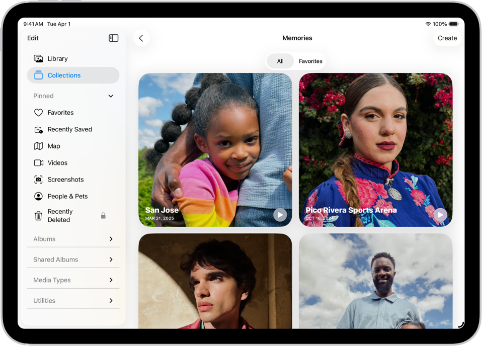 Meg van nyitva a Fotók app az Emlékek gyűjteménnyel Az Összes lap van kijelölve, alatta az emlékek listája.