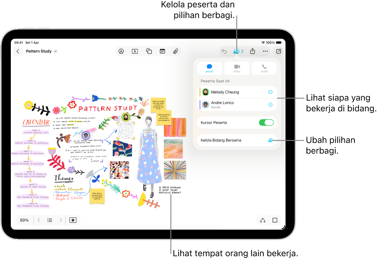 Bidang Freeform bersama di iPad dengan menu kolaborasi dibuka dan lokasi peserta lainnya di bidang yang ditandai dengan tanda titik warna.