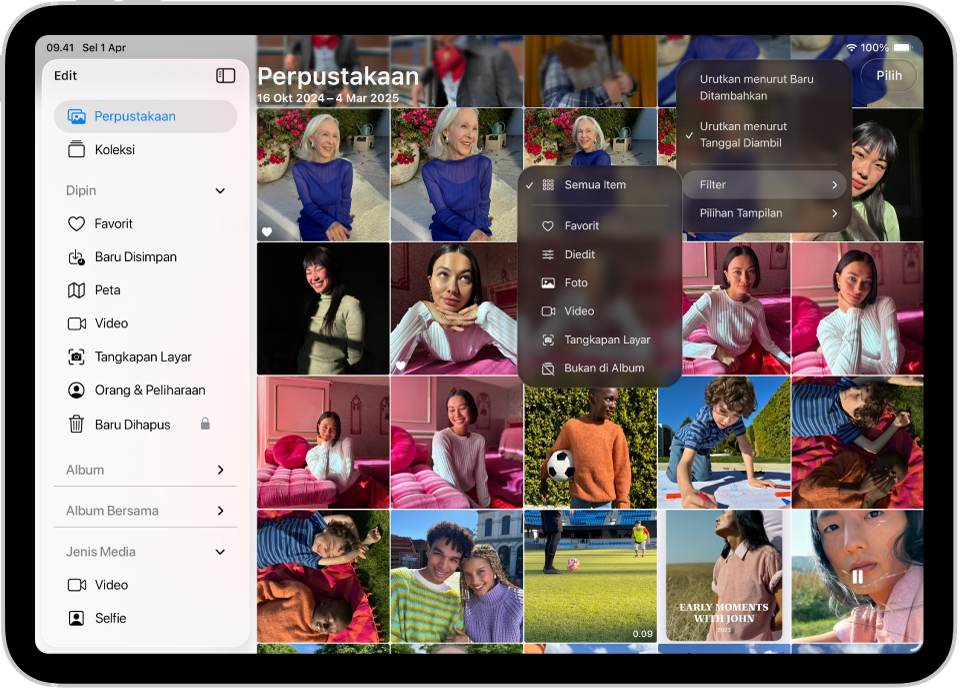 App Foto dibuka dan tab Perpustakaan dipilih di bar samping. Tombol Urutkan dan Filter di bagian atas layar dipilih, yang menampilkan pilihan Urutkan dan Filter untuk melihat konten perpustakaan.