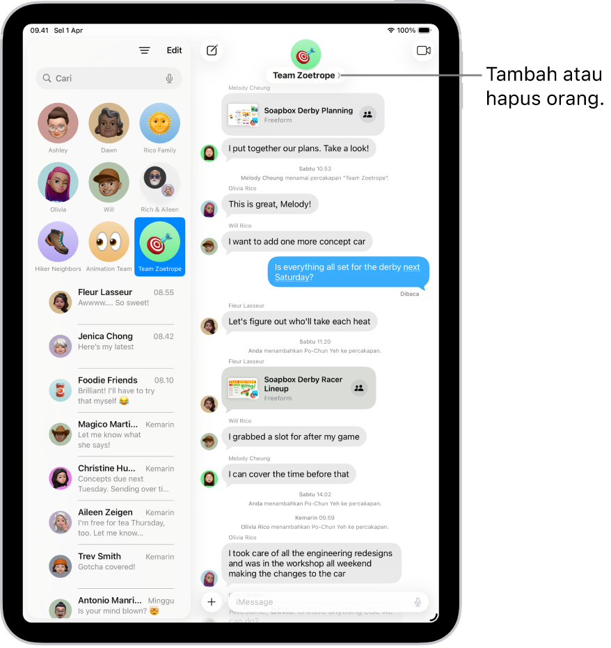 Percakapan grup di Pesan di iPad. Di sebelah kiri, percakapan yang dipin dipilih di daftar percakapan. Di sebelah kanan, ada transkrip percakapan yang menyertakan file bersama.