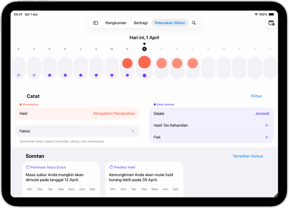 Layar Pelacakan Siklus menampilkan garis waktu untuk seminggu di bagian atas layar. Lingkaran merah padat dan titik ungu menandakan 5 hari pertama di garis waktu. Di bawah garis waktu terdapat pilihan untuk menambahkan informasi mengenai haid, gejala, dan lainnya.