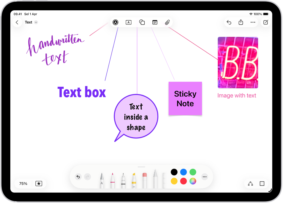 Bidang Freeform dengan teks yang diolah dalam gambar, kotak teks, bentuk, catatan sticky, dan gambar, yang terkait dengan tombol di bagian atas layar.