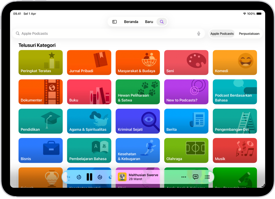 Layar Pencarian di app Podcast, menampilkan kategori podcast. Ke bagian bawah layar terdapat MiniPlayer.