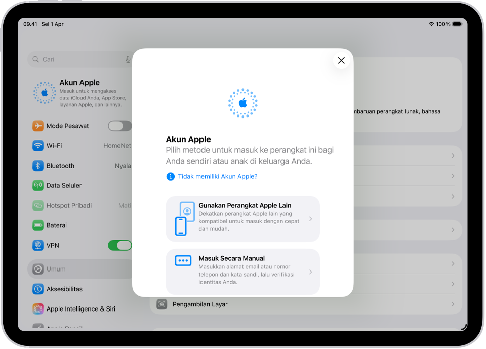 Layar Pengaturan, dengan dialog masuk Akun Apple di bagian tengah layar.