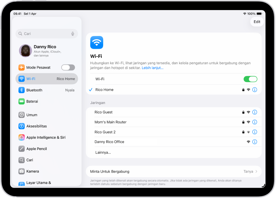 Layar Pengaturan yang menampilkan jaringan Wi-Fi yang tersedia.