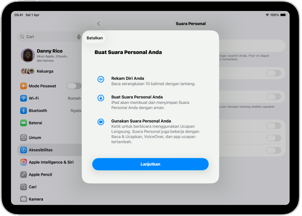 iPad dengan informasi mengenai cara membuat Suara Personal.