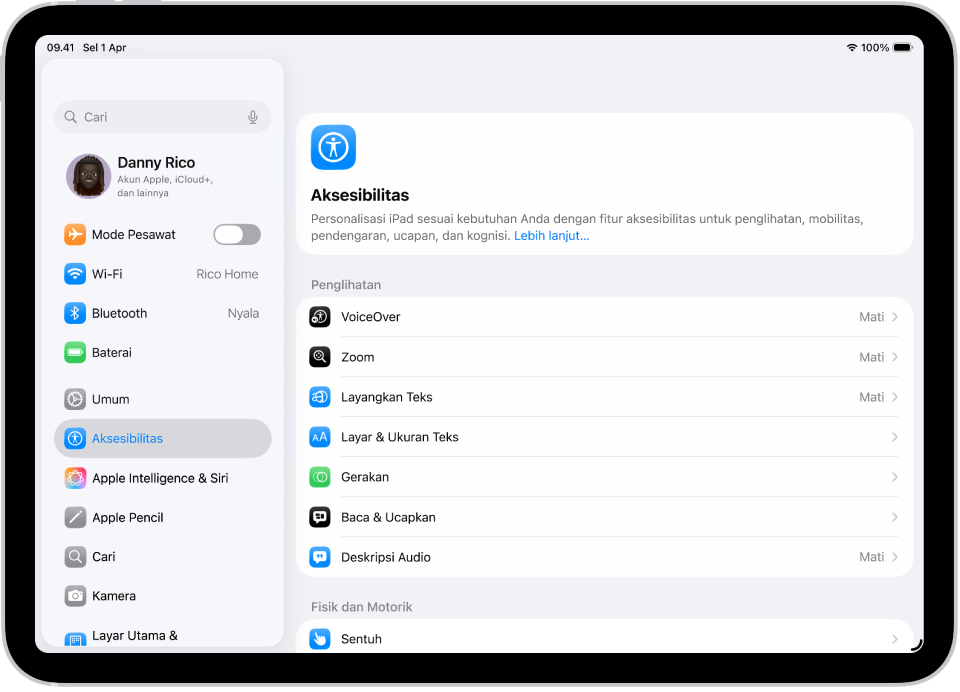 Layar Pengaturan menampilkan pilihan Aksesibilitas seperti VoiceOver, Deskripsi Audio, dan Kontrol Pengalihan.