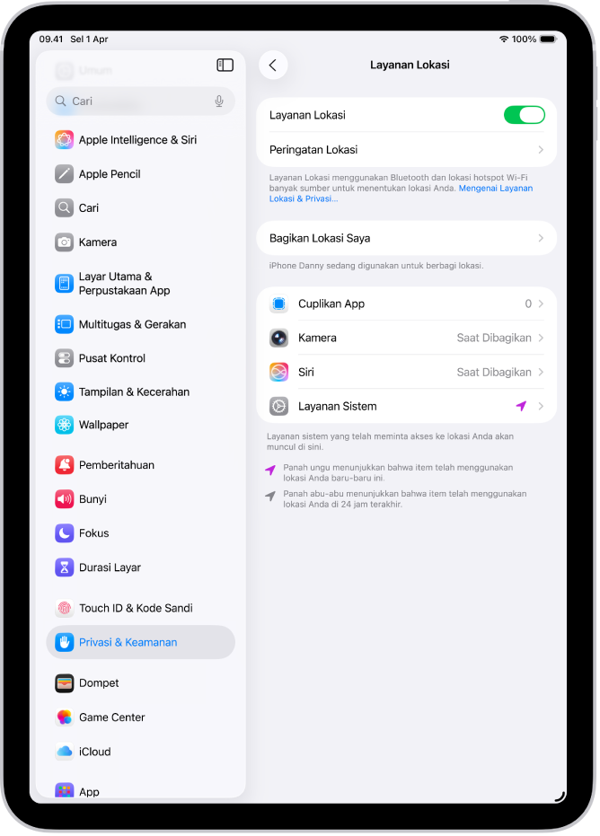 Layar Layanan Lokasi, dengan pengaturan untuk berbagi lokasi iPad Anda dengan app.