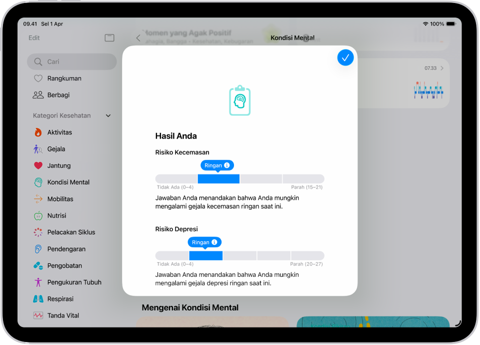 Layar di app Kesehatan yang menampilkan hasil dari kuesioner kesehatan mental.