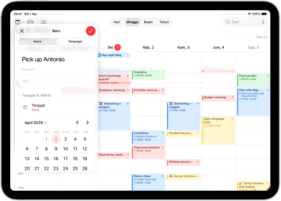 Kalender dalam tampilan Minggu yang menampilkan jendela buat pengingat.