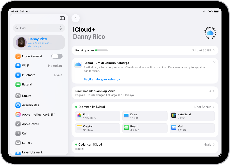 Layar pengaturan iCloud menampilkan meter penyimpanan dan daftar fitur—termasuk Foto, iCloud Drive, dan Cadangan iCloud—yang dapat digunakan dengan iCloud.