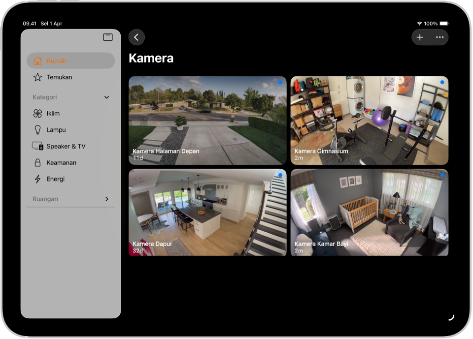 App Rumah dengan bar samping di sebelah kiri. Rumah disorot. Di sebelah kanan terdapat gambar dari lima kamera keamanan.