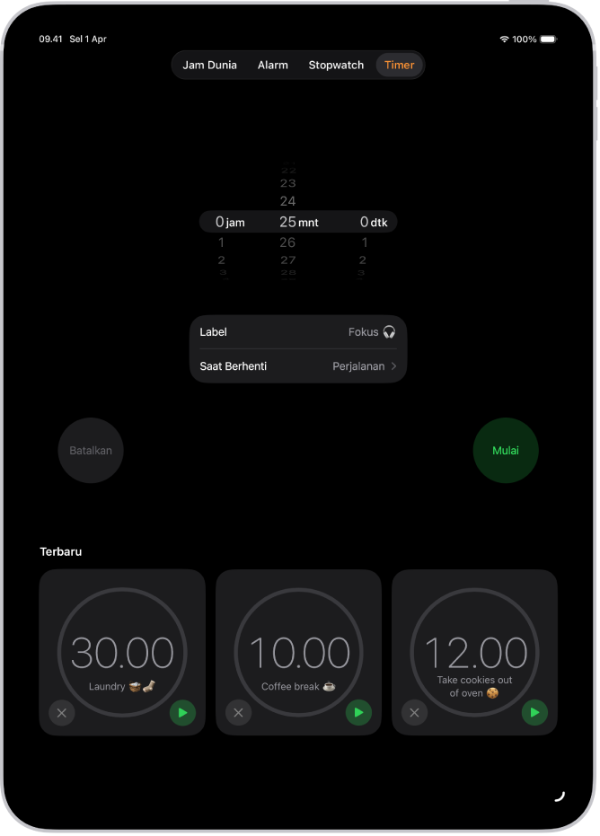 Tab Timer menampilkan pengaturan untuk mengatur timer. Timer yang baru dibuat berada di bawah pengaturan timer. Tombol Jam Dunia, Alarm, Stopwatch, dan Timer terletak di bagian bawah.