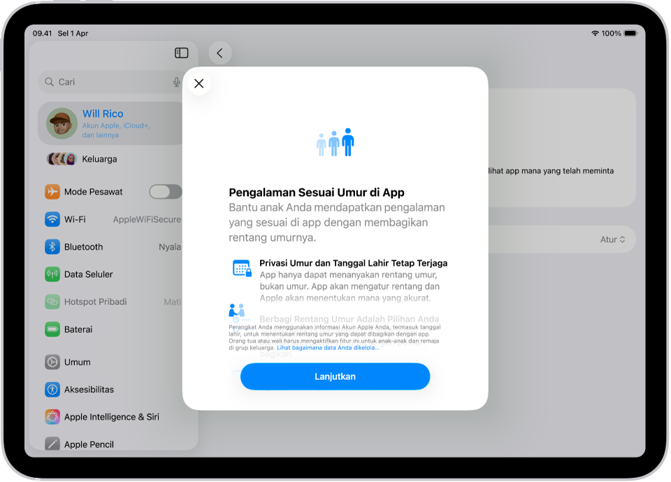 Layar penyiapan untuk Pengalaman Sesuai Umur di fitur App.