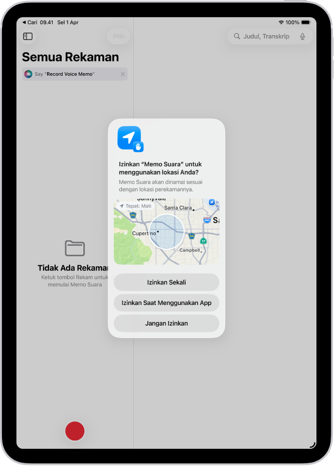 Permintaan dari app untuk menggunakan data lokasi di iPad. Pilihannya adalah Izinkan Sekali, Izinkan Saat Menggunakan App, dan Jangan Izinkan.