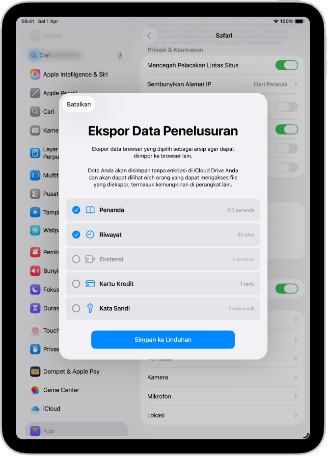 Layar Ekspor Data Penelusuran, yang menampilkan data yang dapat Anda ekspor dari Safari ke browser lain.